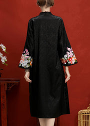Jacquard Black Embroidered Button Side Open Silk Maxi Dress Long Sleeve