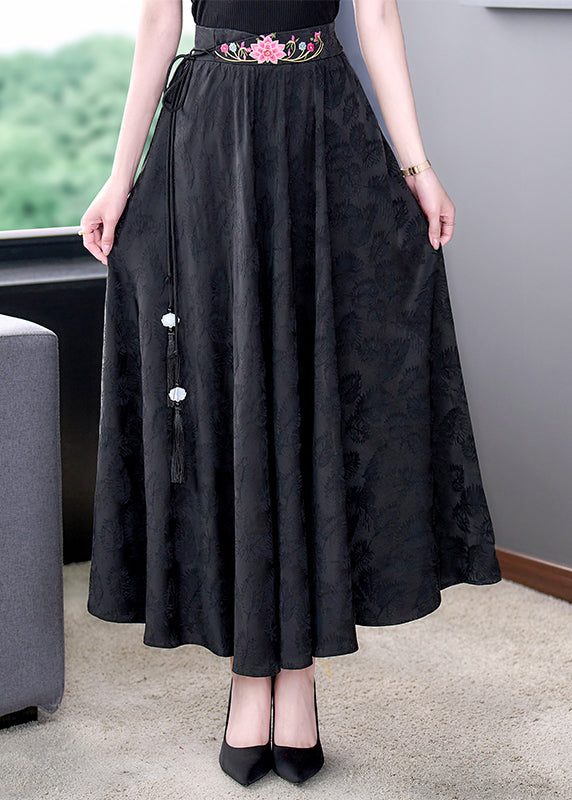 Jacquard Black Embroidered Elastic Waist Tie Waist Skirts Fall