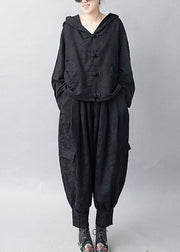 Jacquard Black Hooded Coats And Pants Two Pieces Set Fall