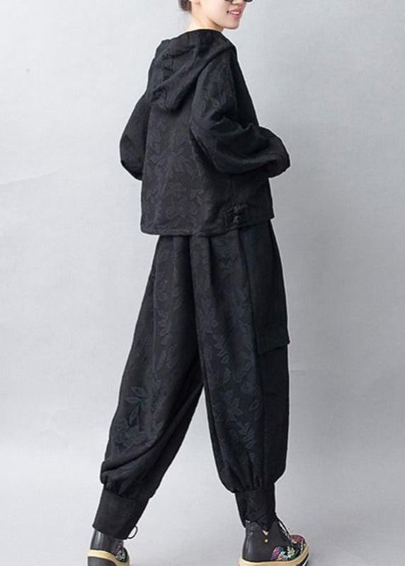 Jacquard Black Hooded Coats And Pants Two Pieces Set Fall