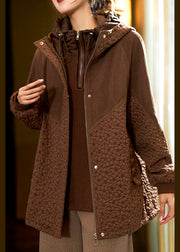 Jacquard Black Hooded Pockets Patchwork Cotton Coats Long Sleeve