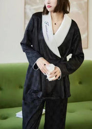 Jacquard Black Peter Pan Collar Patchwork Tie Waist Ice Silk Pajamas Two Pieces Set Spring