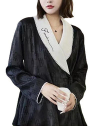 Jacquard Black Peter Pan Collar Patchwork Tie Waist Ice Silk Pajamas Two Pieces Set Spring