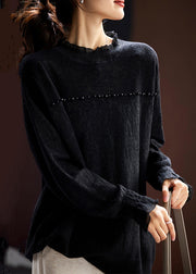 Jacquard Black Ruffled Nail Bead Wool Knit Top Long Sleeve