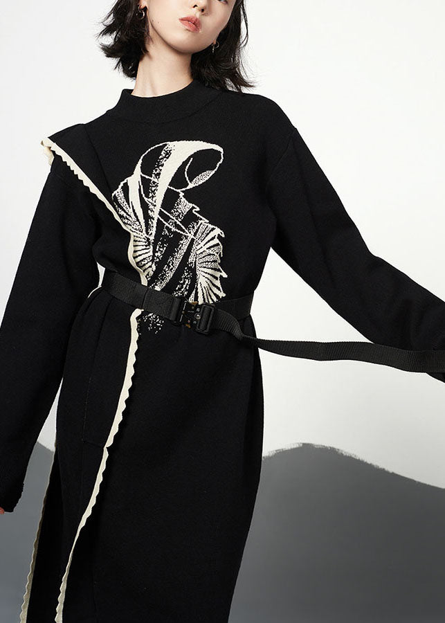 Jacquard Black Ruffled Patchwork Cotton Knit Long Sweater Dress Fall