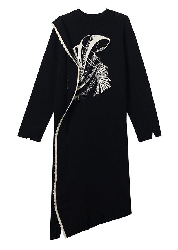 Jacquard Black Ruffled Patchwork Cotton Knit Long Sweater Dress Fall