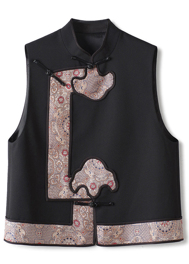 Jacquard Black Stand Collar Button Patchwork Woolen Waistcoat Fall