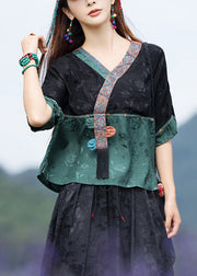 Jacquard Black Stand Collar Embroidered Floral Patchwork Satin Top Half Sleeve