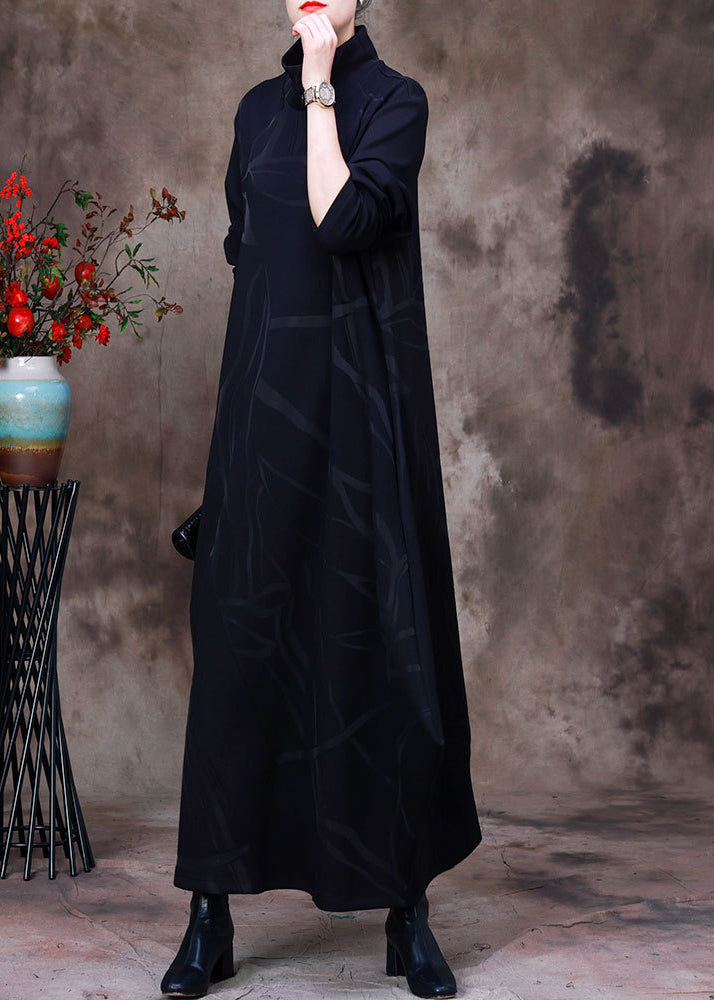 Jacquard Black Turtleneck Asymmetrical Maxi Dresses Long Sleeve