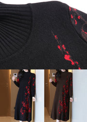 Jacquard Black Turtleneck Cozy Cotton Knit Dress Long Sleeve