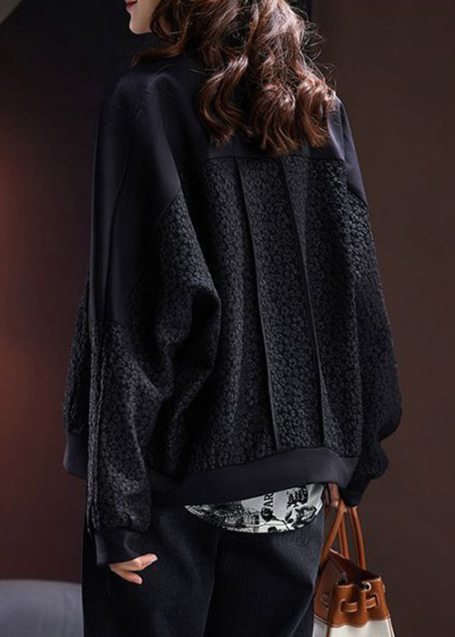 Jacquard Black Zippered Button Patchwork Cotton Coats Long Sleeve