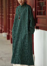 Jacquard Blackish Green Stand Collar Pockets Cotton Long Dresses Fall