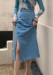 Jacquard Blue High Waist Button A Line Skirts Spring