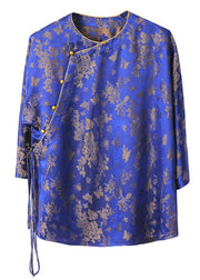 Jacquard Blue O-Neck Button Tie Waist Silk Shirts Half Sleeve