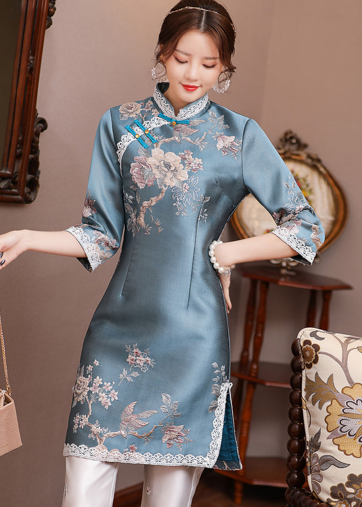 Jacquard Blue Stand Collar Side Open Button Satin Cheongsam Mid Dress Long Sleeve