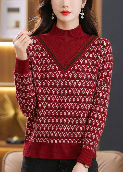 Jacquard Coffee Turtleneck False Two Pieces Cotton Knit Sweaters Spring