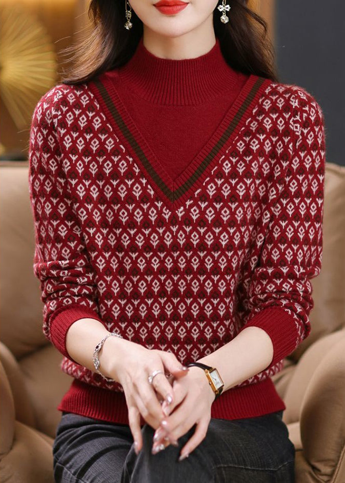 Jacquard Coffee Turtleneck False Two Pieces Cotton Knit Sweaters Spring