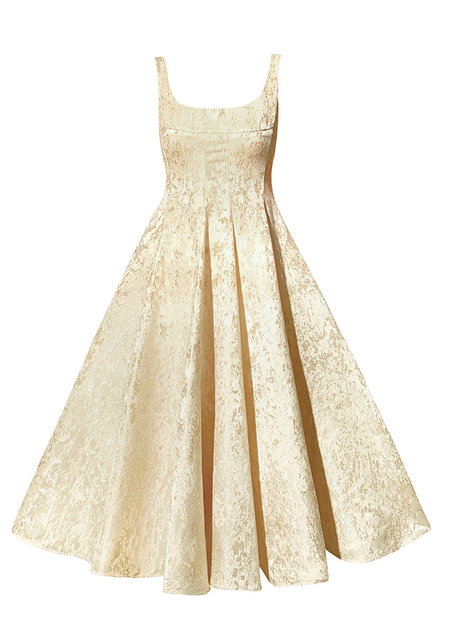 Jacquard Gold Square Collar Zippered Wrinkled Silk Holiday Dress Sleeveless