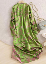 Jacquard Green Button Patchwork False Two Pieces Silk Dresses Fall