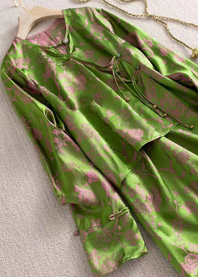Jacquard Green Button Patchwork False Two Pieces Silk Dresses Fall