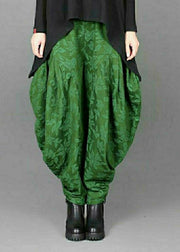 Jacquard Green Elastic Waist Linen Lantern Pants Spring
