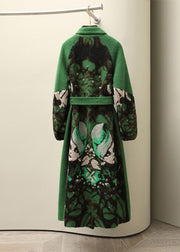 Jacquard Green Notched Tie Waist Woolen Long Coats Fall