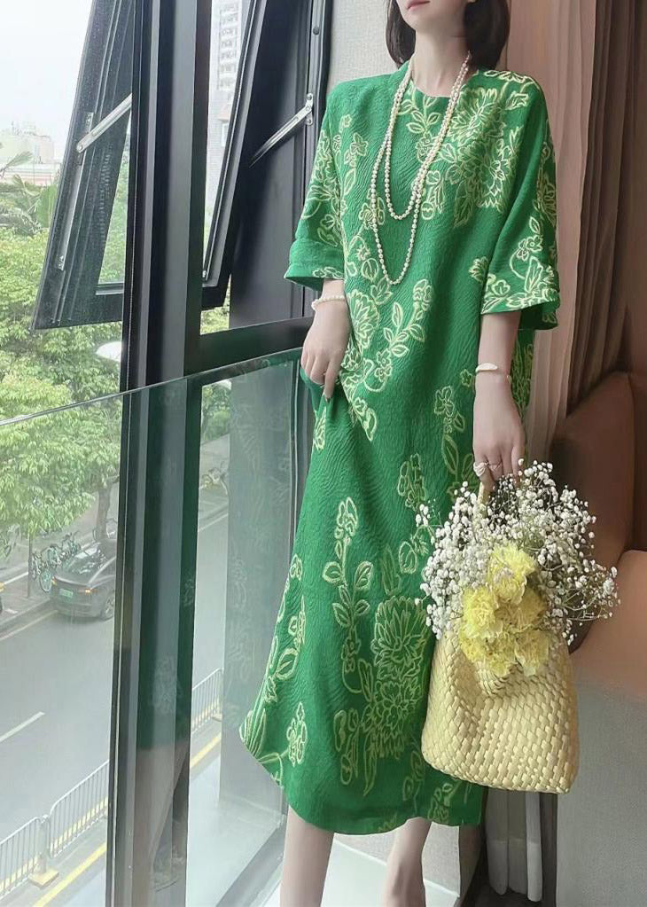 Jacquard Green O-Neck Print Pockets Silk Dress Half Sleeve