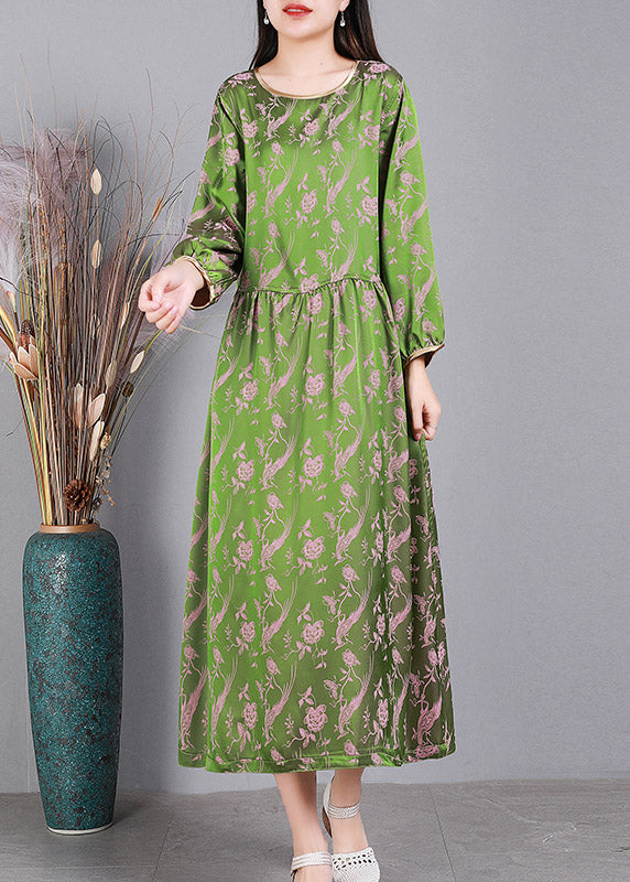 Jacquard Green O-Neck Silk Dress Long Sleeve