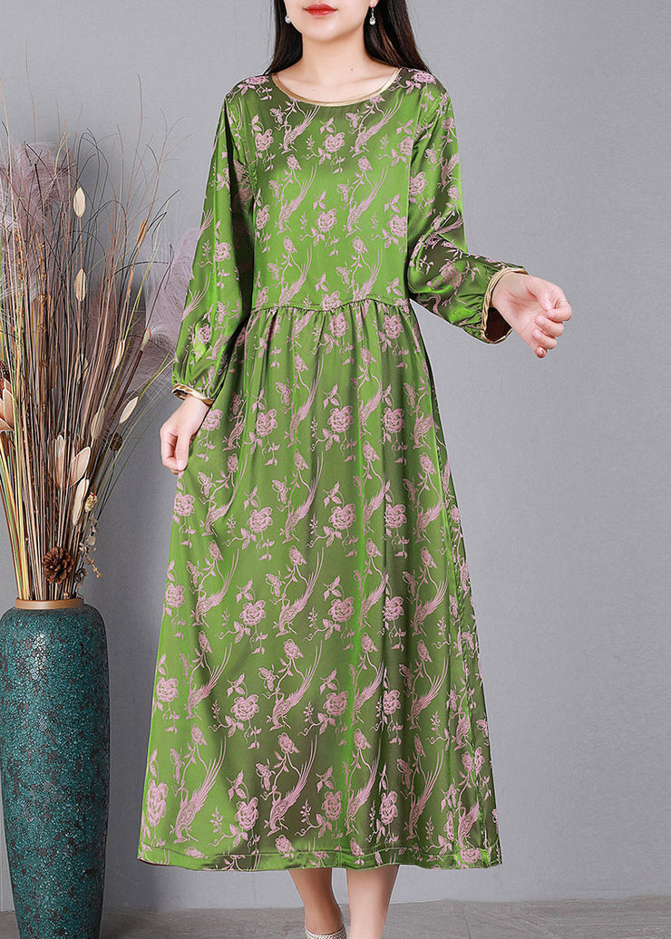 Jacquardgrünes Seidenkleid mit O-Ausschnitt und langen Ärmeln