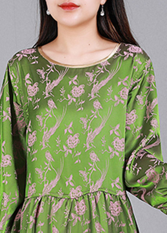 Jacquard Green O-Neck Silk Dress Long Sleeve
