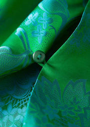 Jacquard Green Stand Collar Button Side Open Silk Tops Short Sleeve