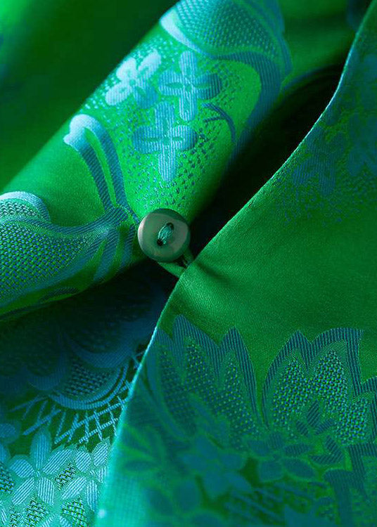 Jacquard Green Stand Collar Button Side Open Silk Tops Short Sleeve