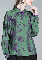 Jacquard Green Stand Collar Button Silk Shirt Spring