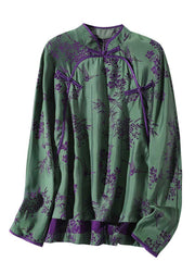 Jacquard Green Stand Collar Button Silk Shirt Spring