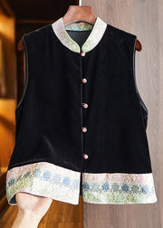 Jacquard Green Stand Collar Button Silk Velour Shirt Waistcoat Sleeveless