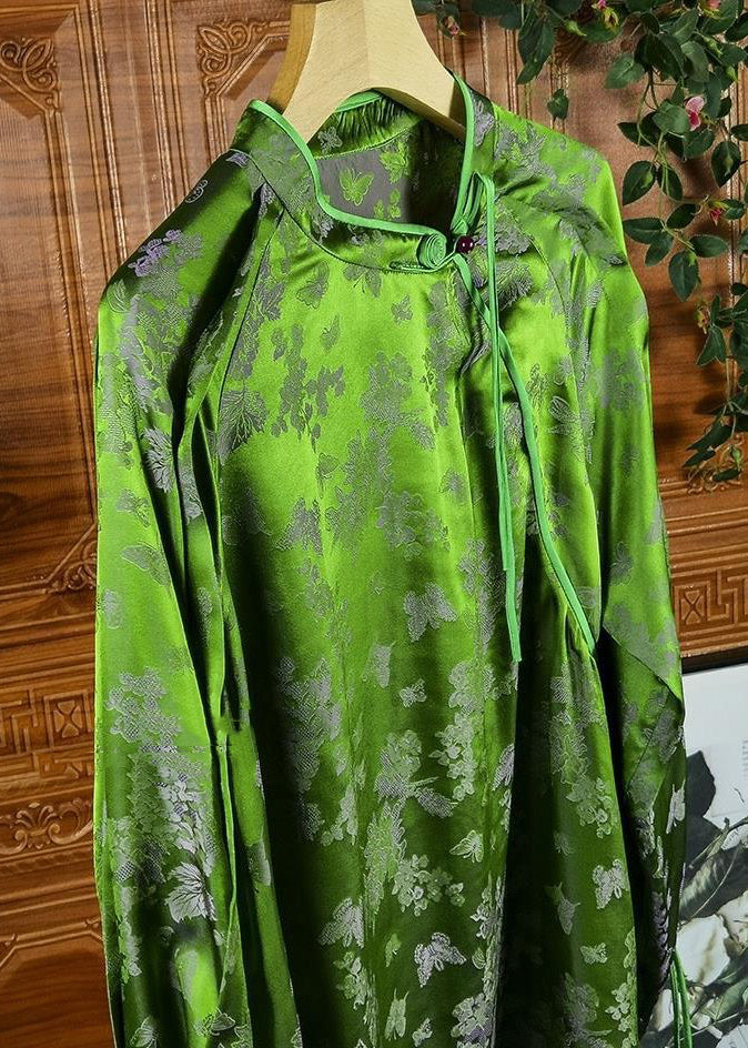 Jacquard Green Tasseled Button Patchwork Silk Shirts Fall