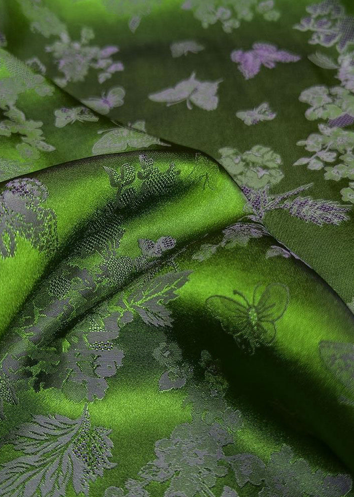 Jacquard Green Tasseled Button Patchwork Silk Shirts Fall