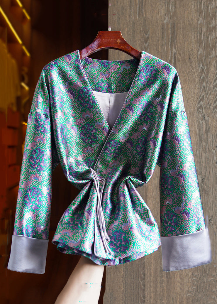 Jacquard Green V Neck Chinese Button Patchwork Silk Coats Long Sleeve