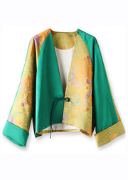 Jacquard Green V Neck Patchwork Button Silk Coats Fall