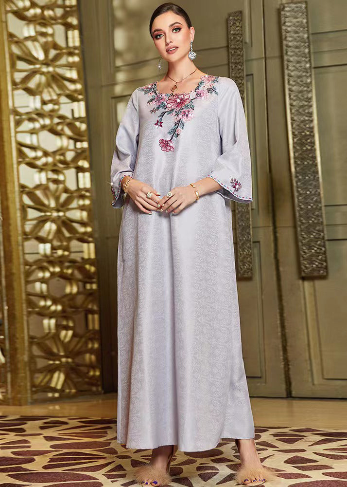 Jacquard Grey O-Neck Embroidered Silk Maxi Dresses Fall