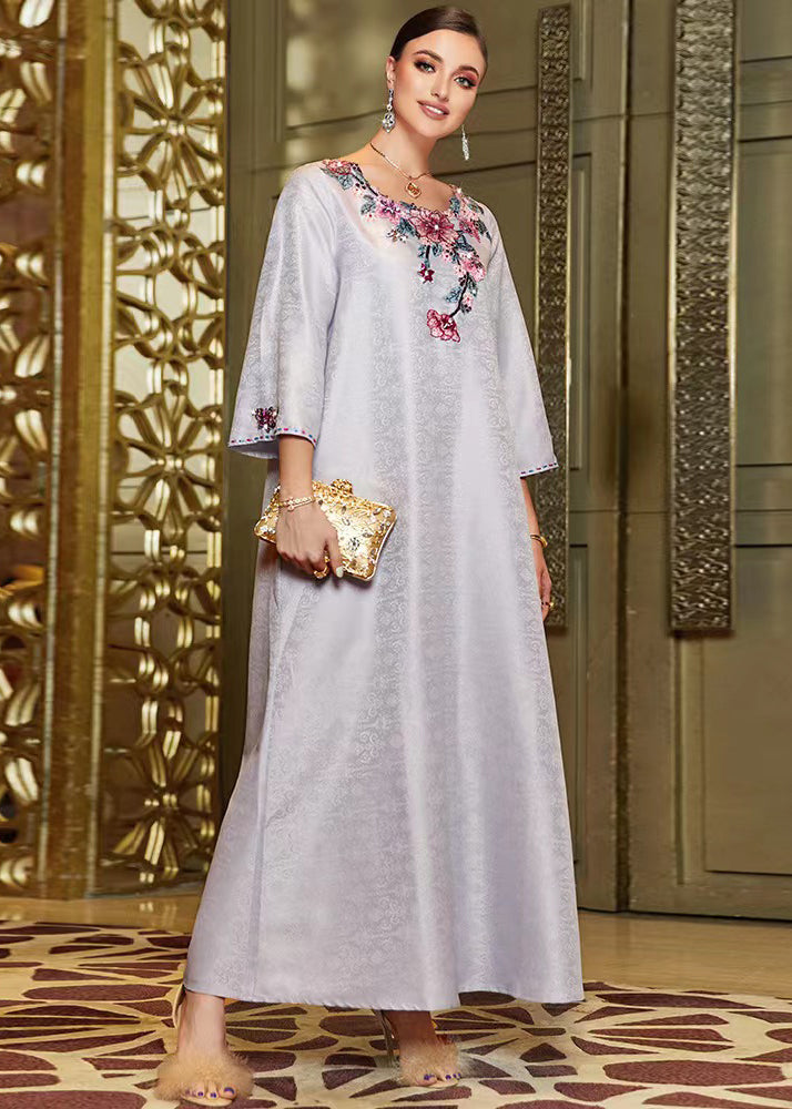 Jacquard Grey O-Neck Embroidered Silk Maxi Dresses Fall
