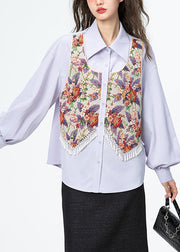 Jacquard Llight Purple Peter Pan Collar Print Tassel Button Shirt Puff Sleeve