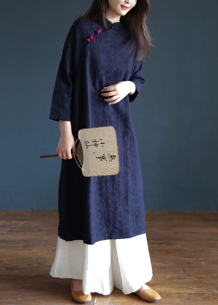 Jacquard Navy Blue Stand Collar Embroidered Floral Button Maxi Dresses Spring