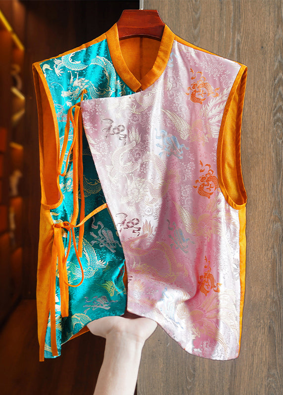 Jacquard Orange Asymmetrical Lace Up Patchwork Silk Waistcoat Sleeveless