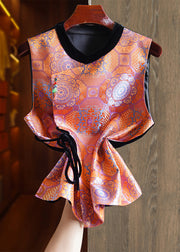 Jacquard Orange O Neck Lace Up Patchwork Silk Waistcoat Sleeveless