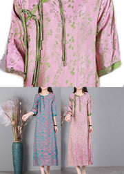 Jacquard Pink O-Neck Print Button Silk Long Dress Half Sleeve