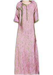 Jacquard Pink O-Neck Print Button Silk Long Dress Half Sleeve