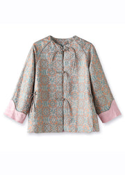 Jacquard Pink Patchwork Side Open Button Silk Coat Fall