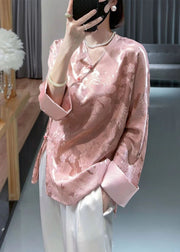 Jacquard Pink V Neck Button Side Open Silk Shirts Long Sleeve