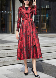 Jacquard Red Peter Pan Collar Tie Waist Patchwork Cotton Long Trench Coat Fall